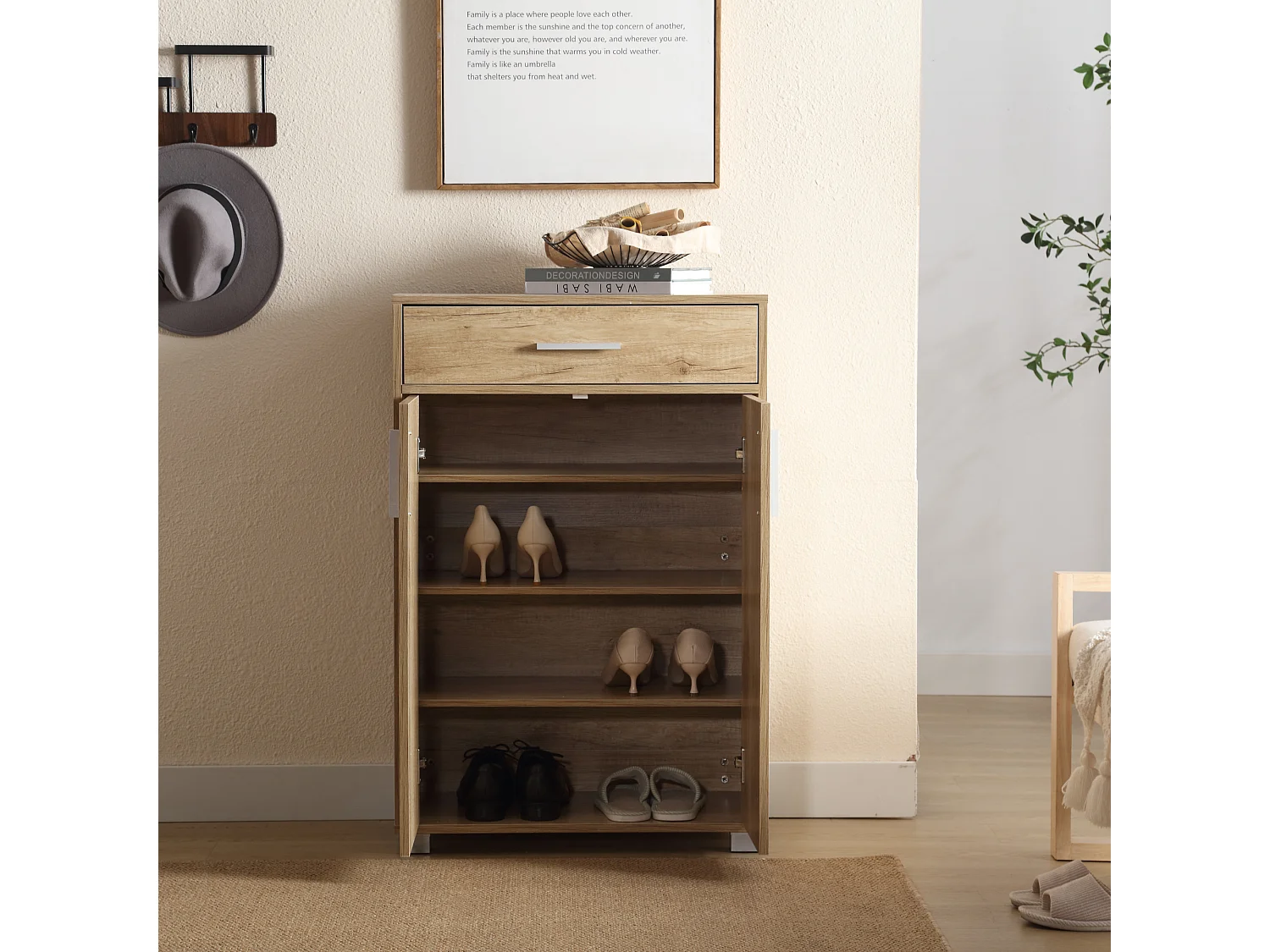 Armario zapatero 5 estantes 2 puertas 1 cajón cm 63x33x95 en Madera Armario de entrada, Roble - ZIK