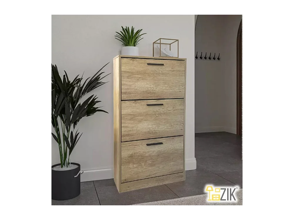 Mueble zapatero de madera de roble 63x24x115cm, 3 puertas plegables, doble fondo, para entrada, muebles bajos - ZIK