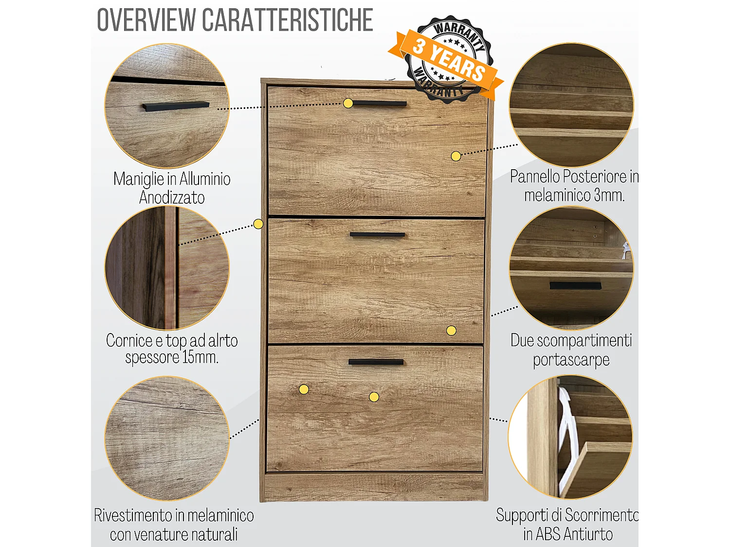 Scarpiera Salvaspazio in Legno 3 Ante Ribalta Profondità Doppia da Ingresso, Mobile Slim, Rovere 63x24x115cm - ZIK
