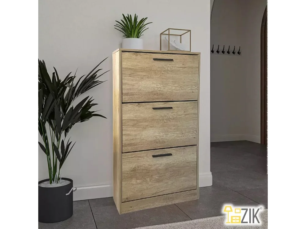 Mueble zapatero de madera de roble 63x24x115cm, 3 puertas plegables, doble fondo, para entrada, muebles bajos - ZIK