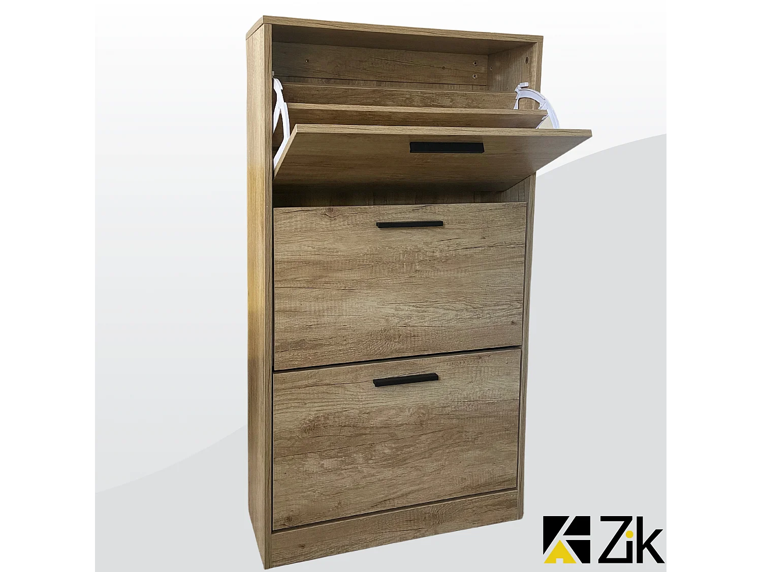 Mueble zapatero de madera de roble 63x24x115cm, 3 puertas plegables, doble fondo, para entrada, muebles bajos - ZIK