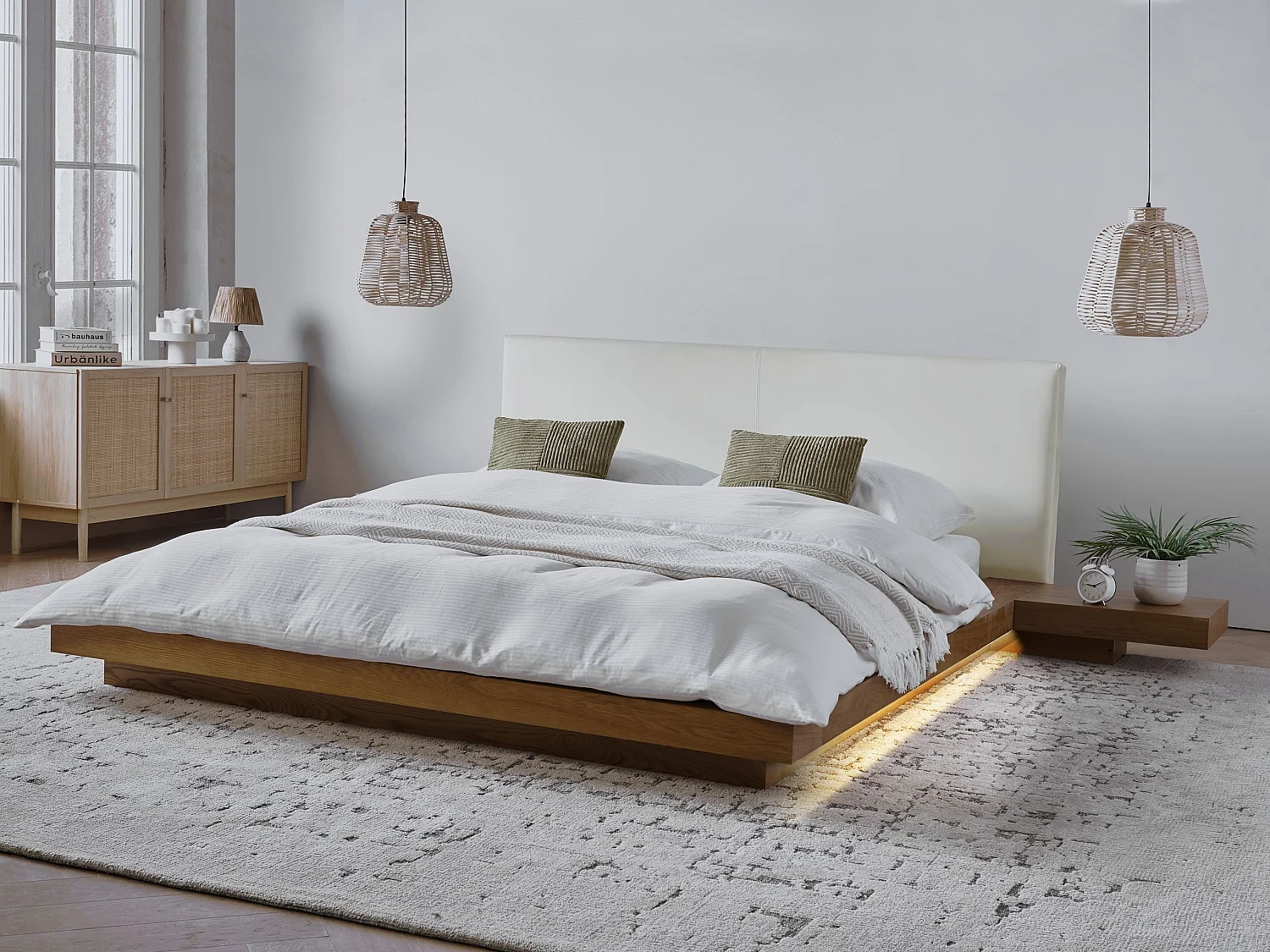 Bett mit LED Kunstleder ZEN 160 x 200 cm Naturfarbene Esche