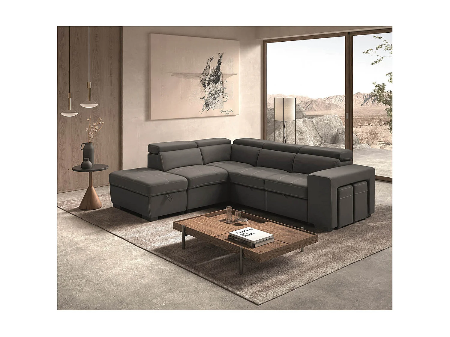 NERA - Canapé d'Angle  Gauche Convertible avec 2 Poufs et 1 Coffre Gris