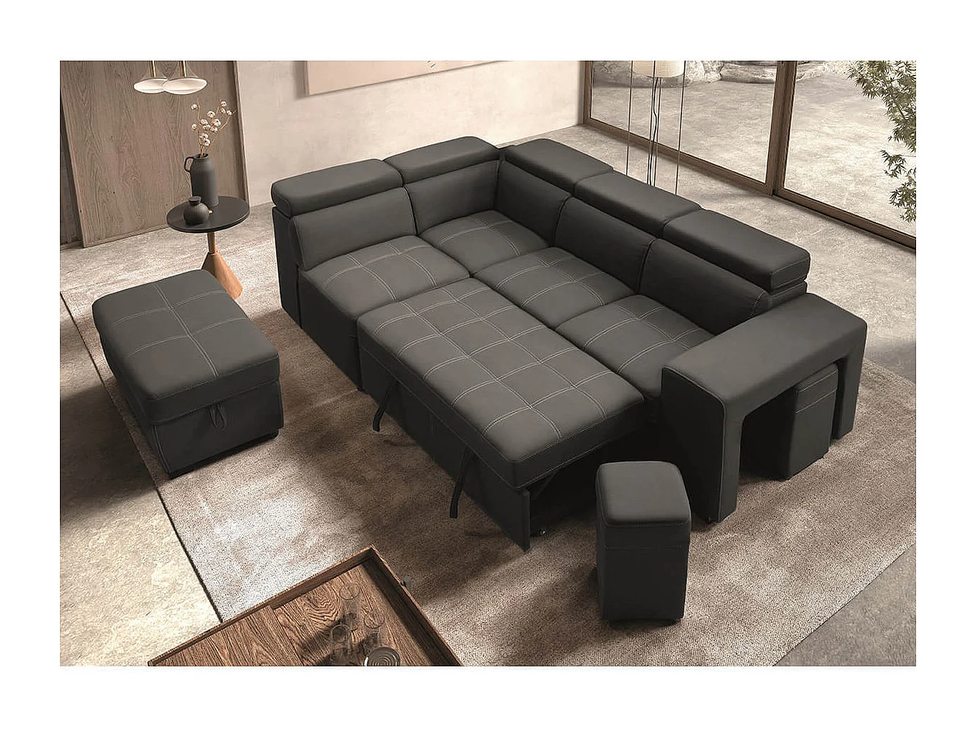 NERA - Canapé d'Angle  Gauche Convertible avec 2 Poufs et 1 Coffre Gris