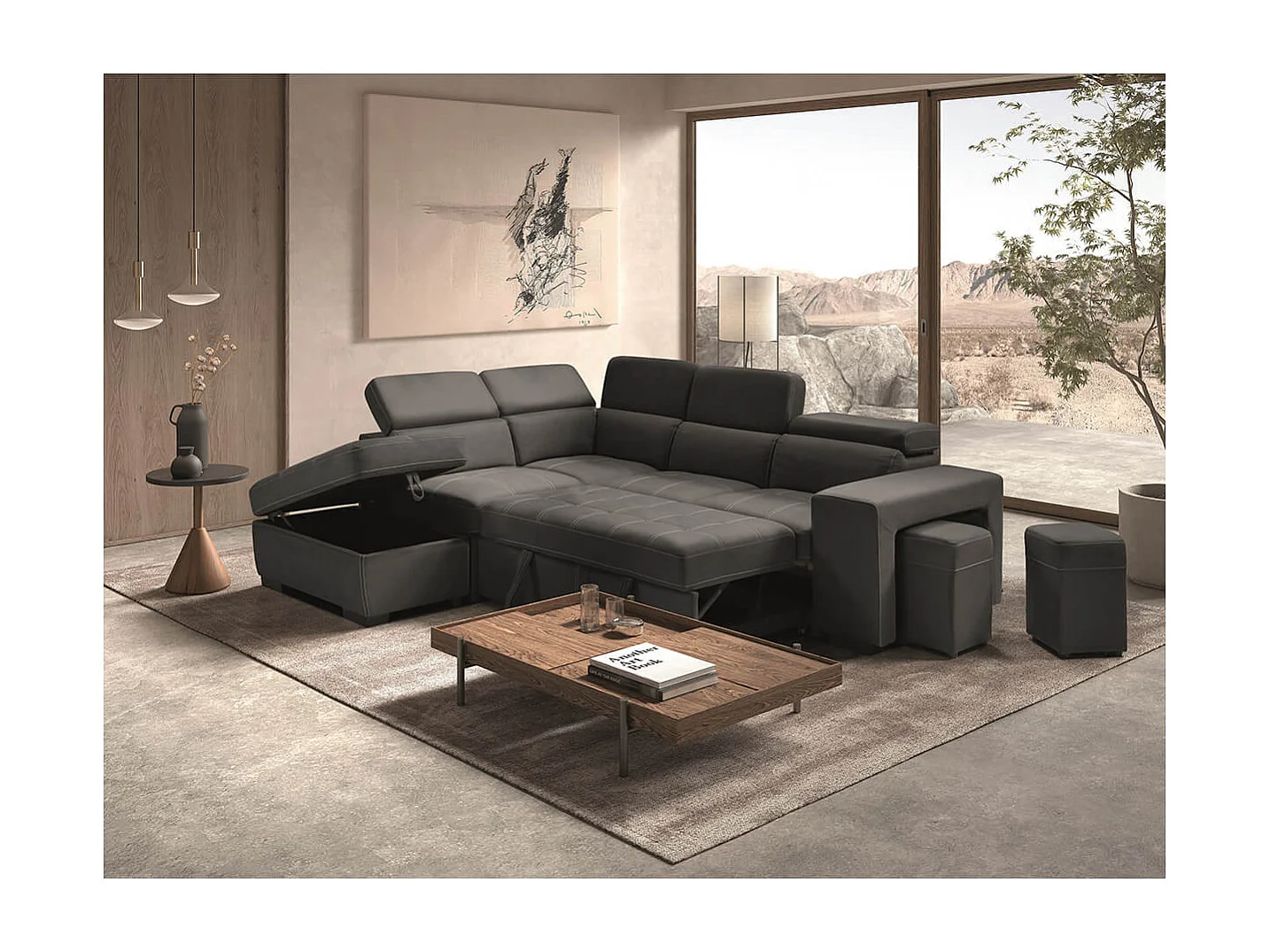 NERA - Canapé d'Angle  Gauche Convertible avec 2 Poufs et 1 Coffre Gris