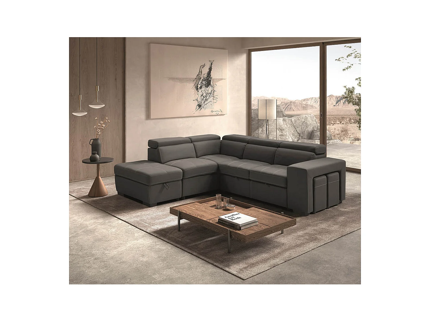 NERA - Canapé d'Angle  Gauche Convertible avec 2 Poufs et 1 Coffre Gris