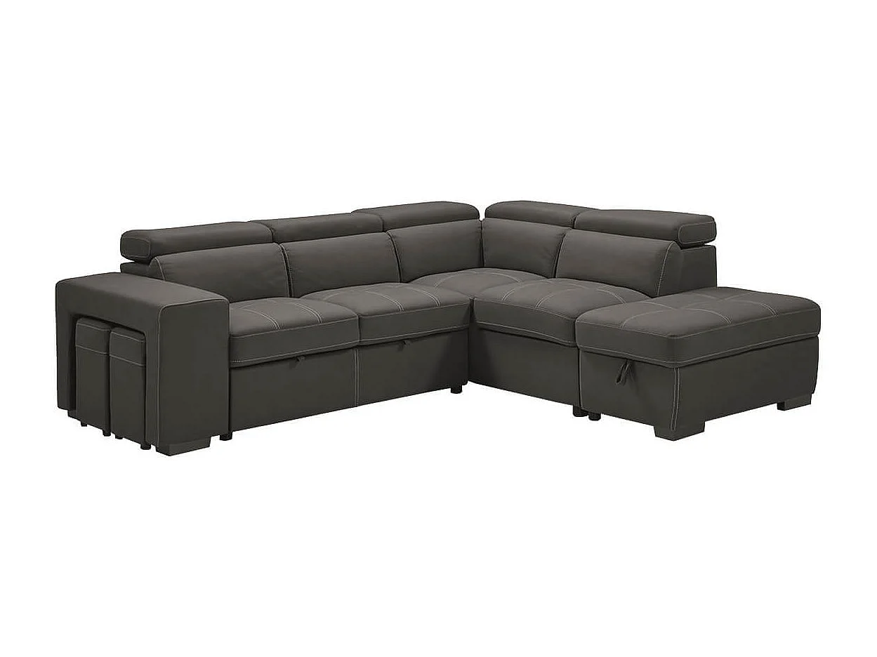 NERA - Canapé d'Angle Droit Convertible avec 2 Poufs et 1 Coffre Gris