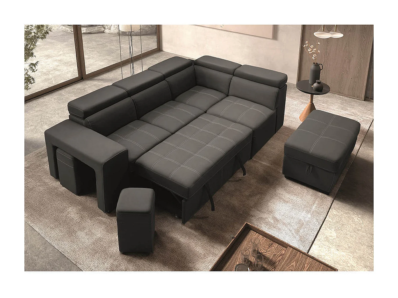 NERA - Canapé d'Angle Droit Convertible avec 2 Poufs et 1 Coffre Gris