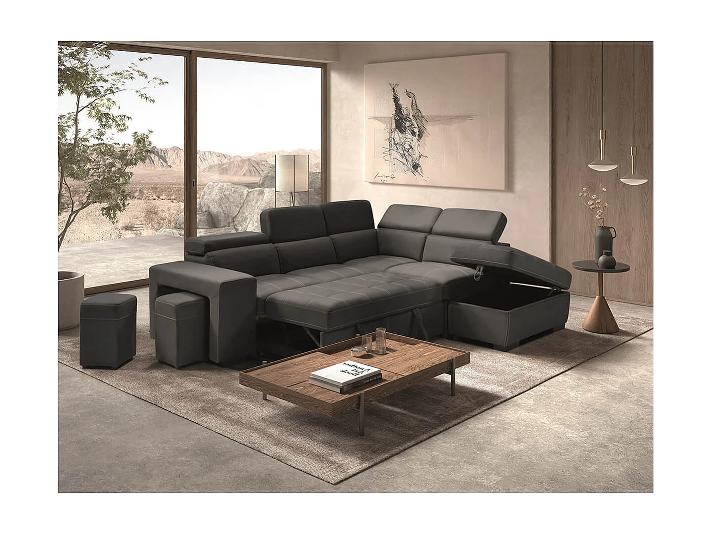 NERA - Canapé d'Angle Droit Convertible avec 2 Poufs et 1 Coffre Gris