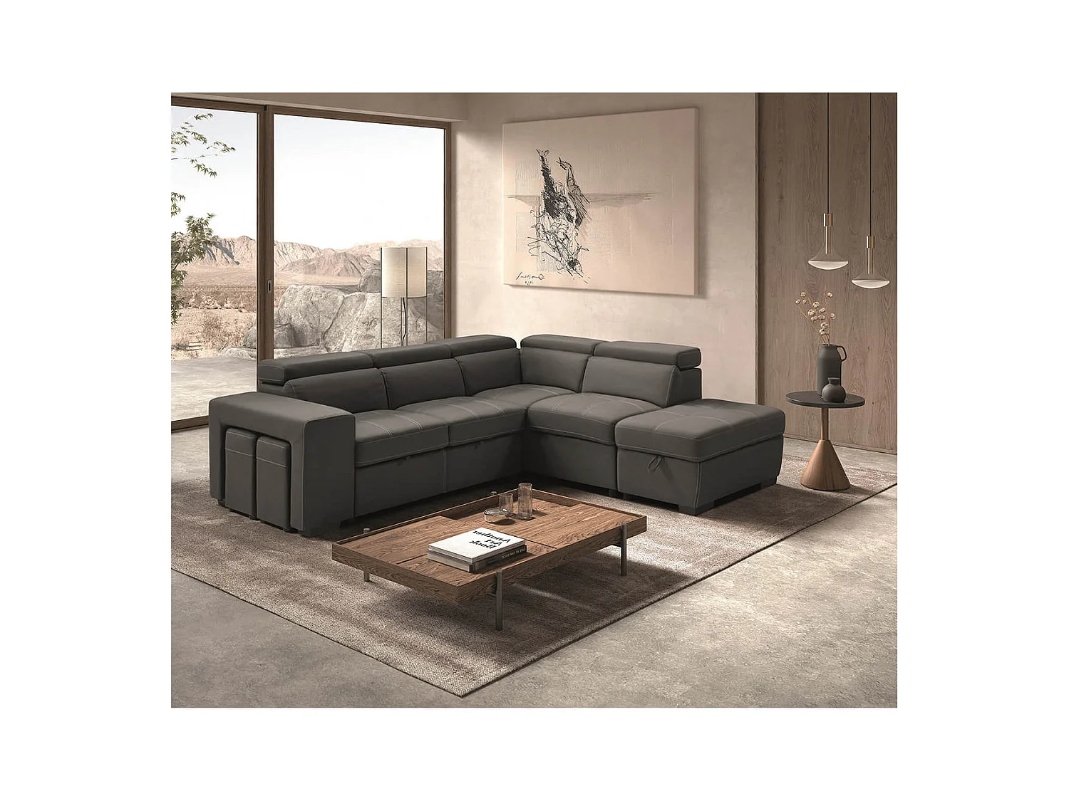 NERA - Canapé d'Angle Droit Convertible avec 2 Poufs et 1 Coffre Gris