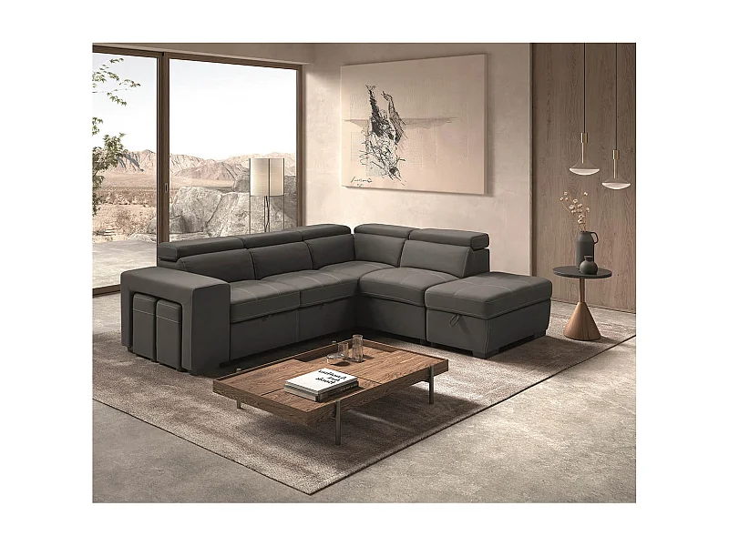NERA - Canapé d'Angle Droit Convertible avec 2 Poufs et 1 Coffre Gris