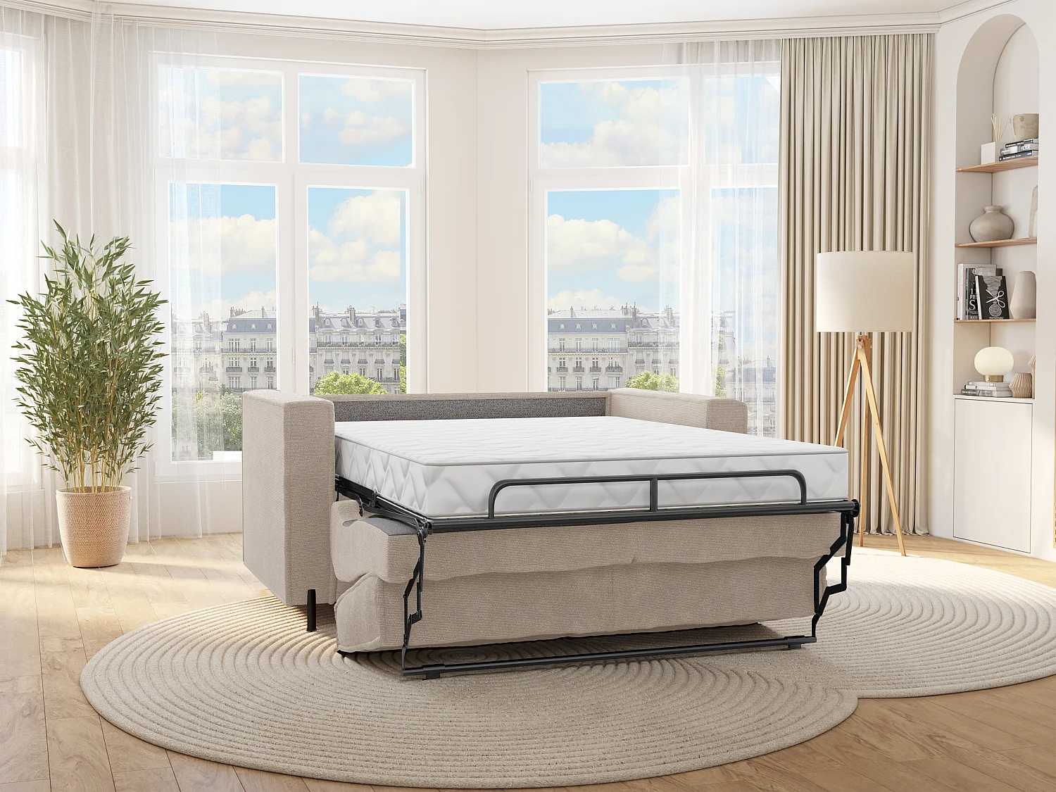 Canapé 3 places convertible express en tissu texturé beige - Couchage 140 cm - Matelas 20 cm - ELORYA