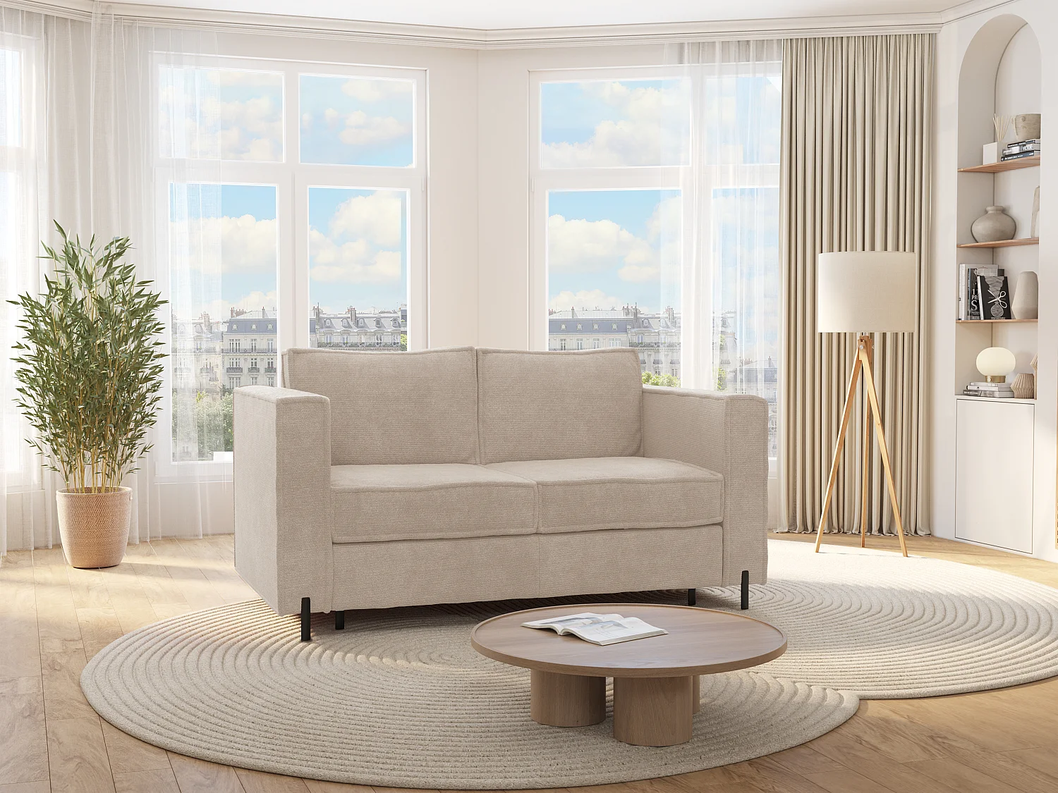 4-seters sovesofa i beige teksturert stoff - 160 cm liggeflate - 20 cm madrass - ELORYA