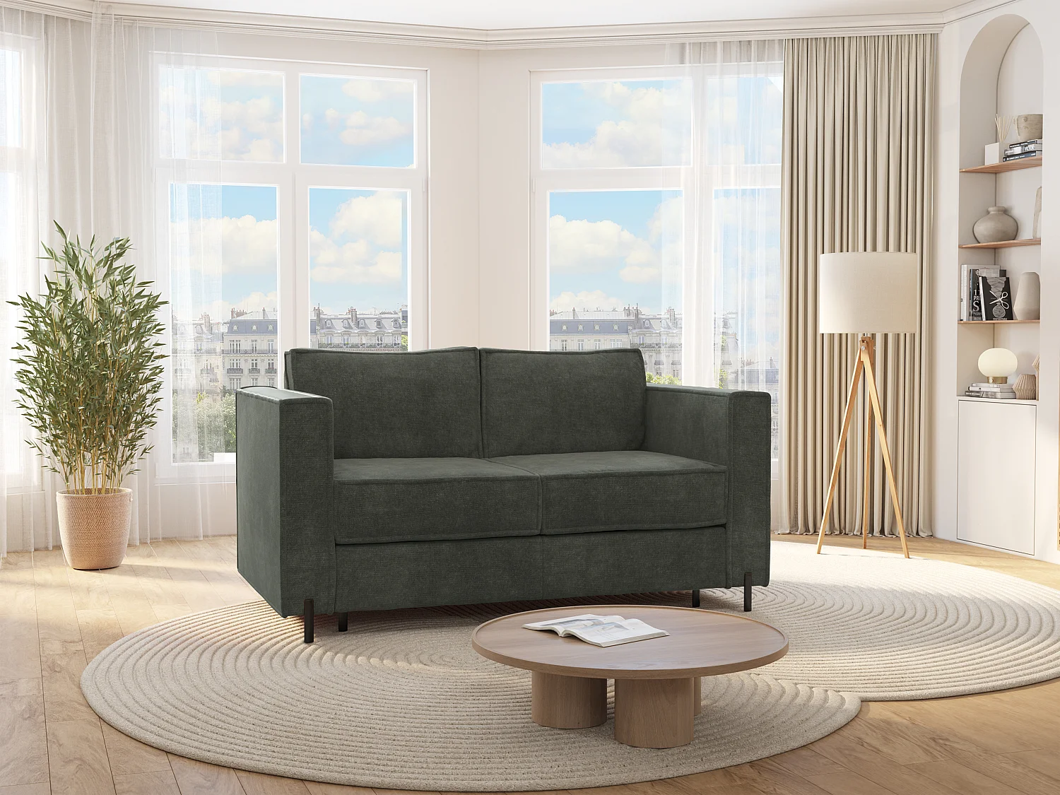 Express-driezitsslaapbank van groene stof met textuur - Bed 140 cm - Matras 14 cm - ELORYA