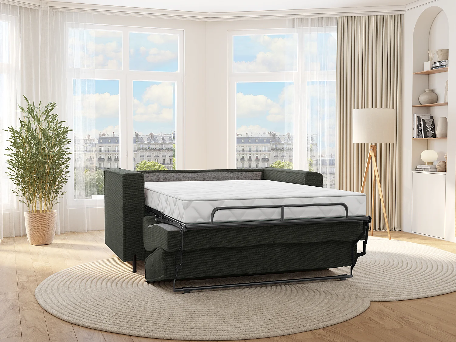 Express-driezitsslaapbank van groene stof met textuur - Bed 140 cm - Matras 14 cm - ELORYA