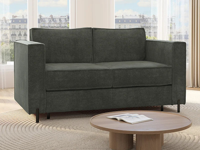 Express-driezitsslaapbank van groene stof met textuur - Bed 140 cm - Matras 14 cm - ELORYA