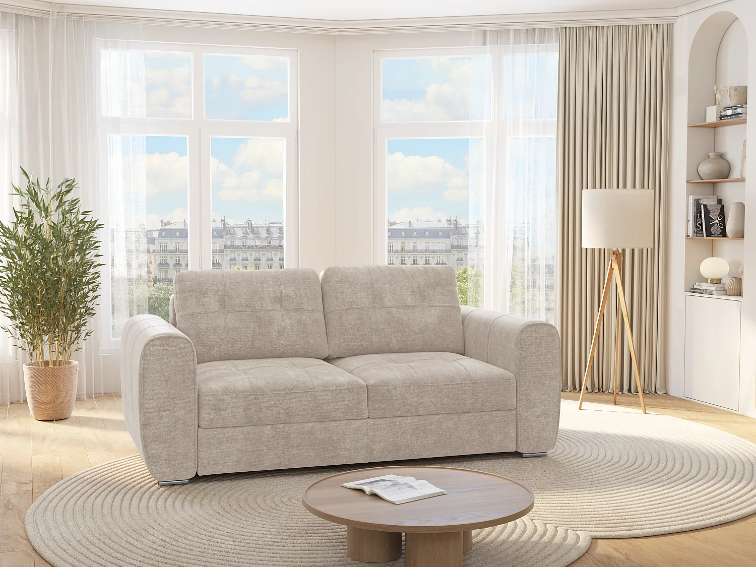 Sofá de 3 lugares convertível de abertura rápida em tecido bege, cama 140 cm e colchão 14 cm - BOLIPO
