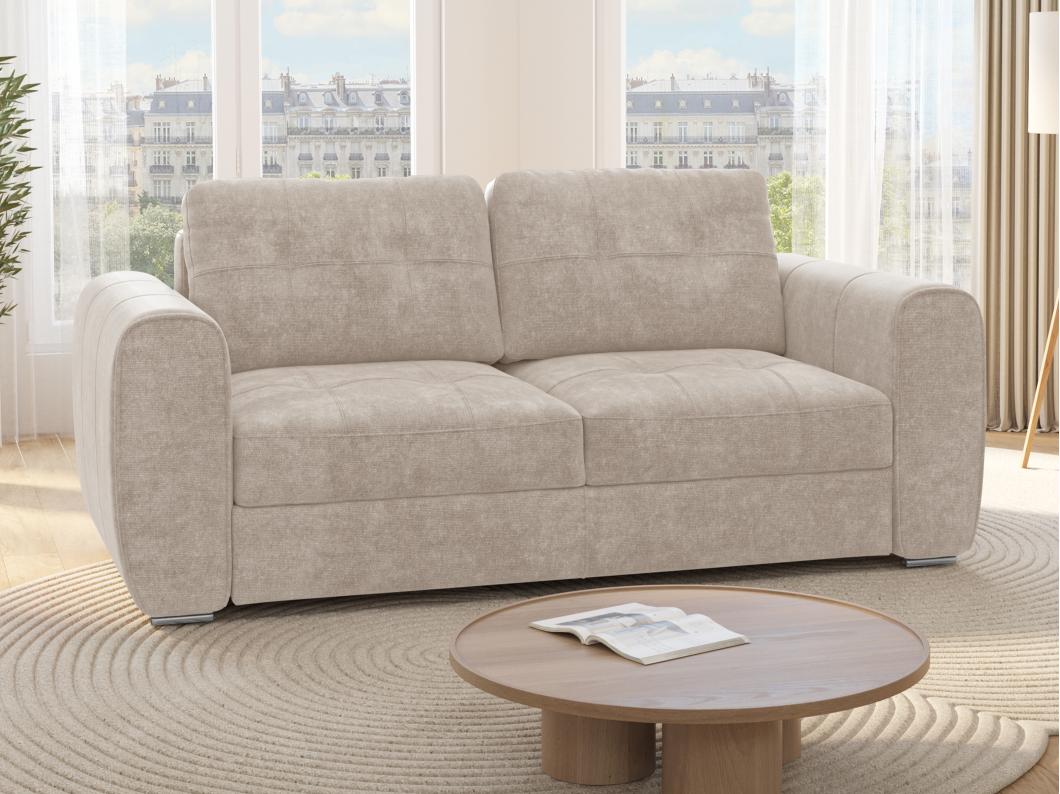 Canapé 3 places convertible express en tissu beige - Couchage 140 cm - Matelas 14 cm BOLIPO