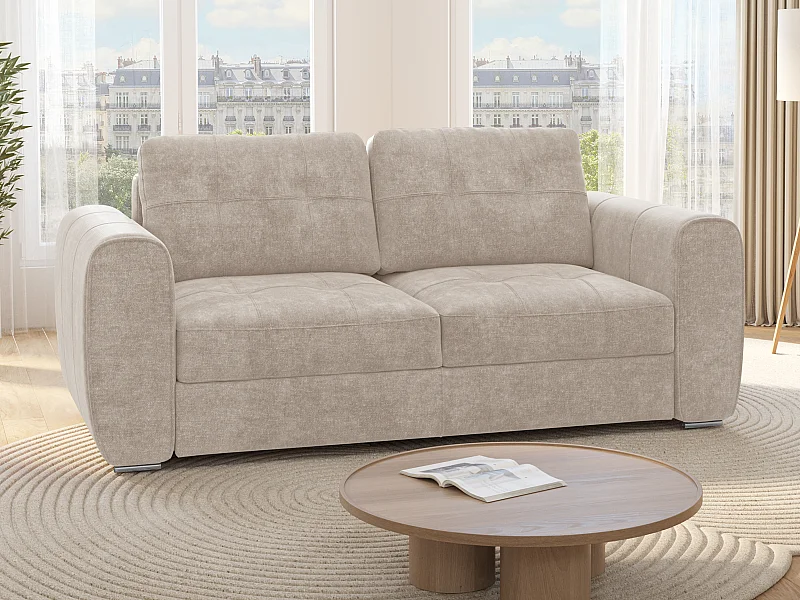 Canapé 3 places convertible express en tissu beige - Couchage 140 cm - Matelas 22 cm avec mémoire de forme BOLIPO