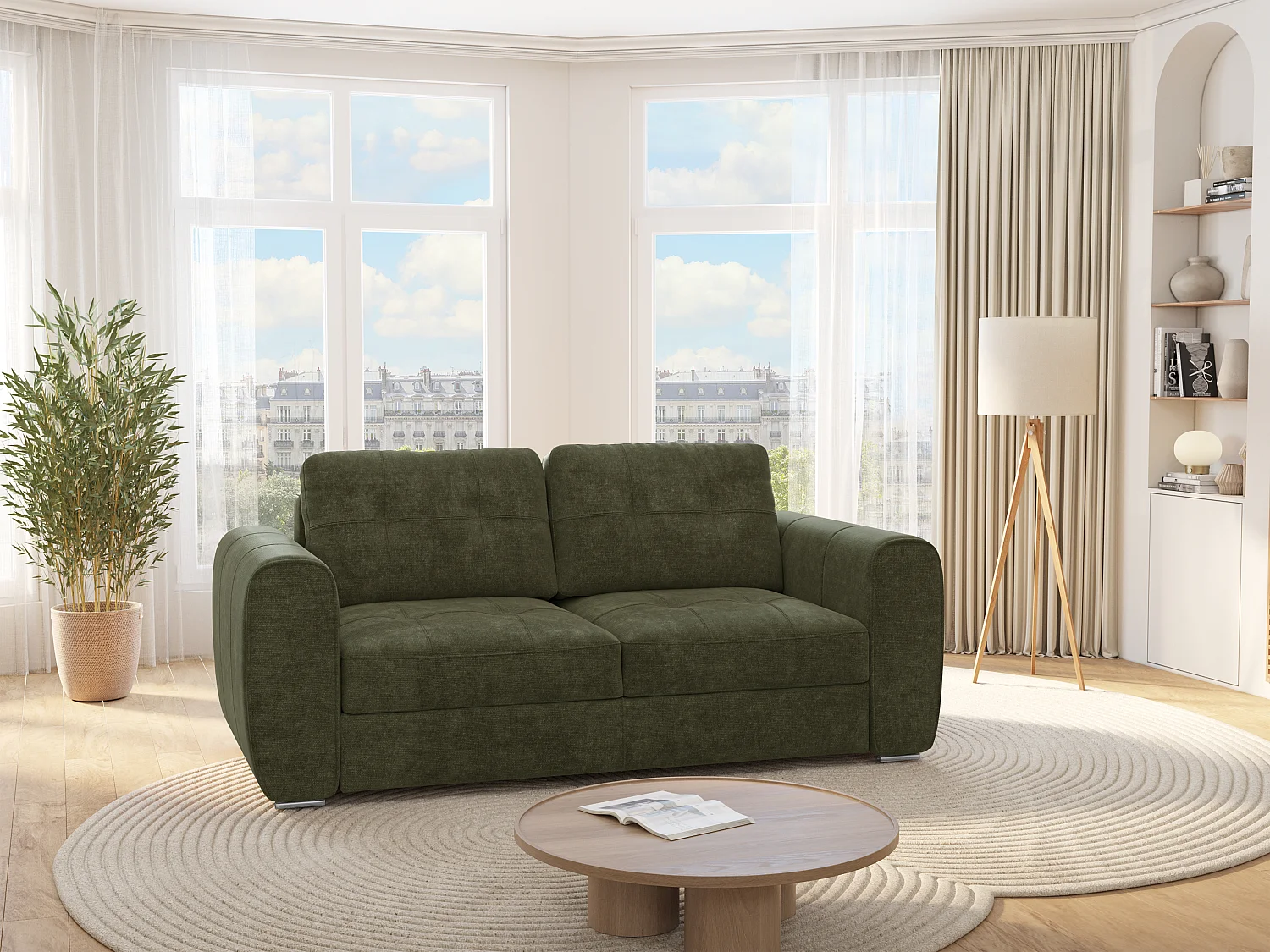 Canapé 3 places convertible express en tissu vert - Couchage 140 cm - Matelas 14 cm BOLIPO