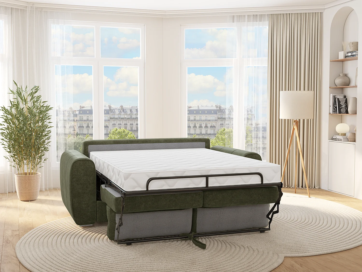 Canapé 3 places convertible express en tissu vert - Couchage 140 cm - Matelas 14 cm BOLIPO