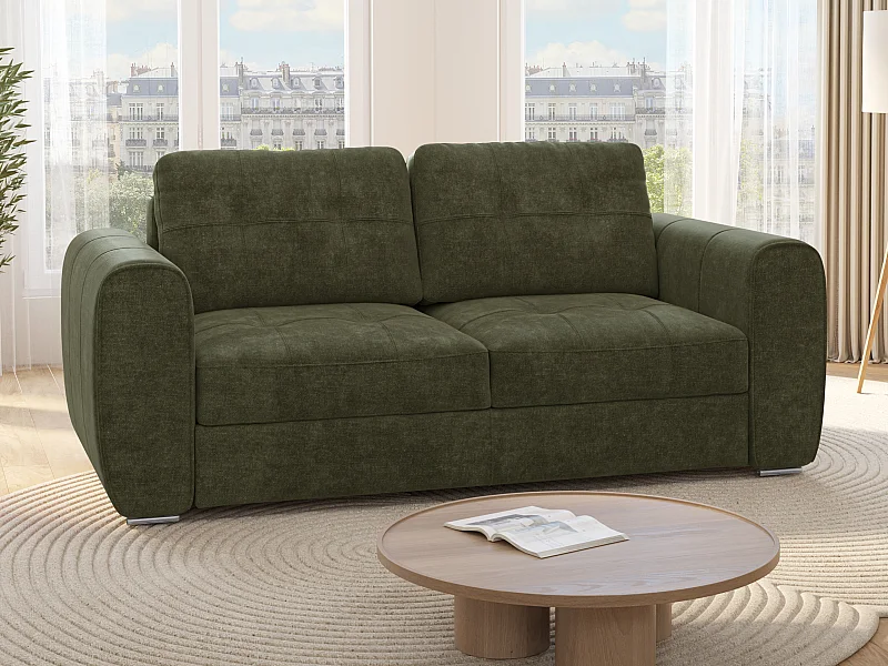 Canapé 3 places convertible express en tissu vert - Couchage 140 cm - Matelas 22 cm avec mémoire de forme BOLIPO