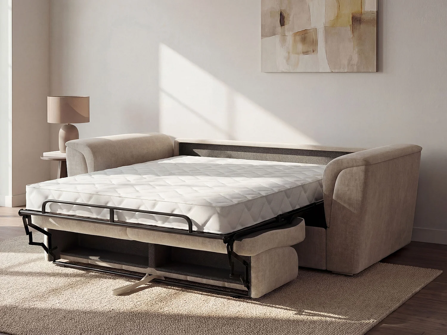 Express-driezitsslaapbank van beige stof - Bed 140 cm - Matras 18 cm RIZORA