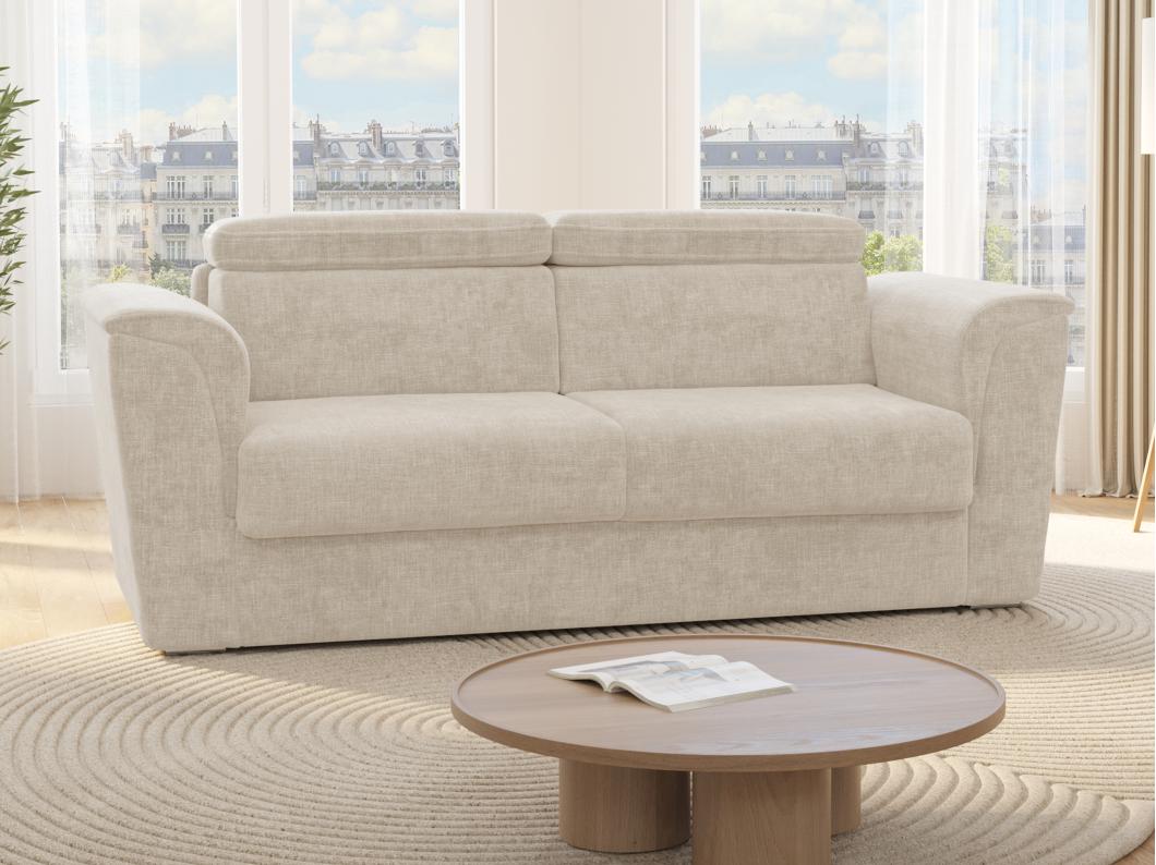 Canapé 3 places convertible express en tissu beige - Couchage 140 cm - Matelas 18 cm RIZORA