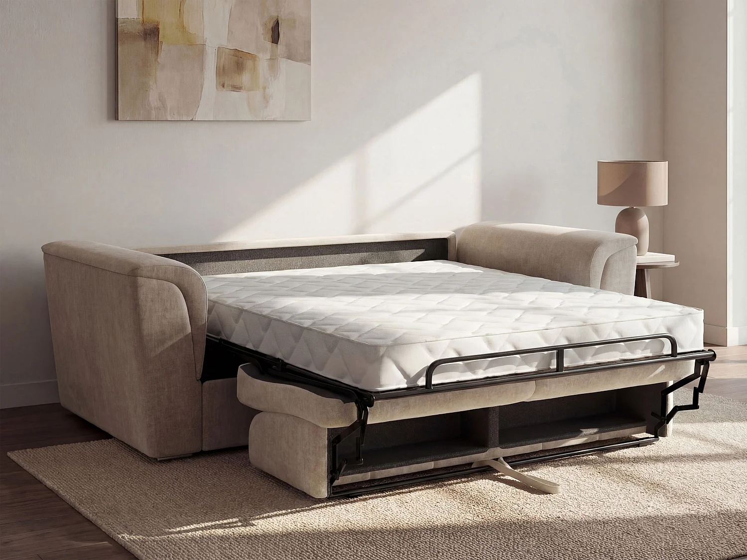 Express-vierzitsslaapbank van beige stof - Bed met brede latten 160 cm - Matras 18 cm RIZORA