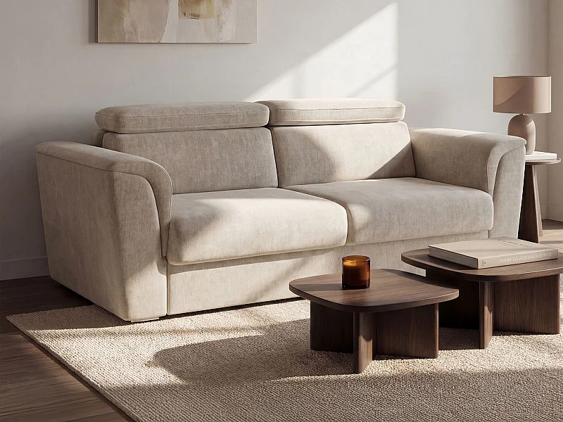 Canapé 4 places convertible express en tissu beige - Couchage lattes larges 160 cm - Matelas 18 cm RIZORA