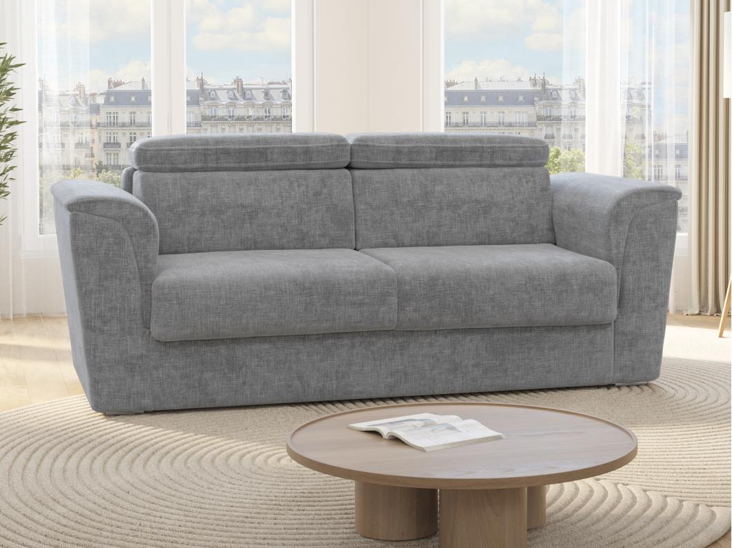 Canapé 3 places convertible express en tissu gris - Couchage 140 cm - Matelas 22 cm RIZORA