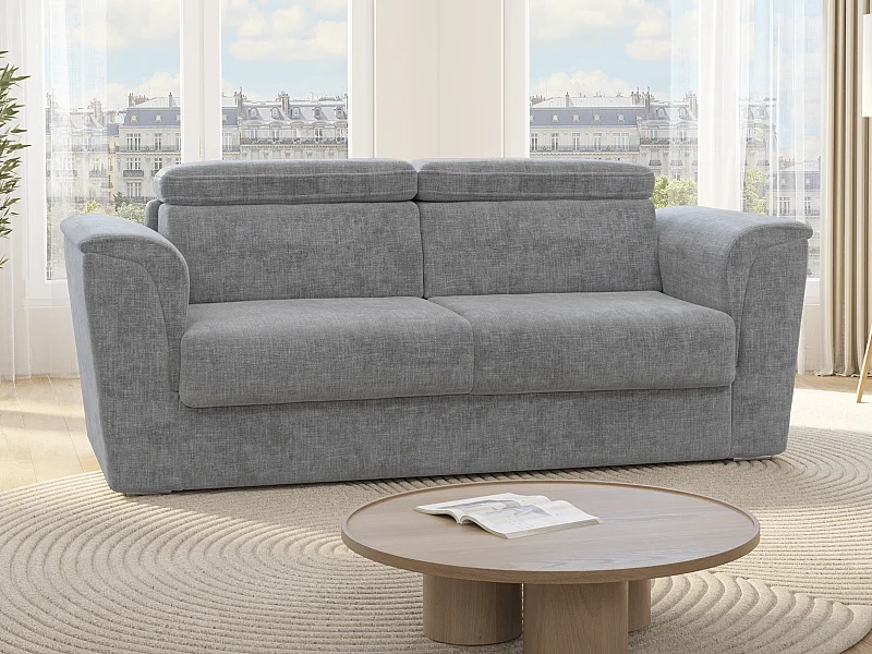 Canapé 4 places convertible express en tissu gris - Couchage 160 cm - Matelas 22 cm avec mémoire de forme - RIZORA