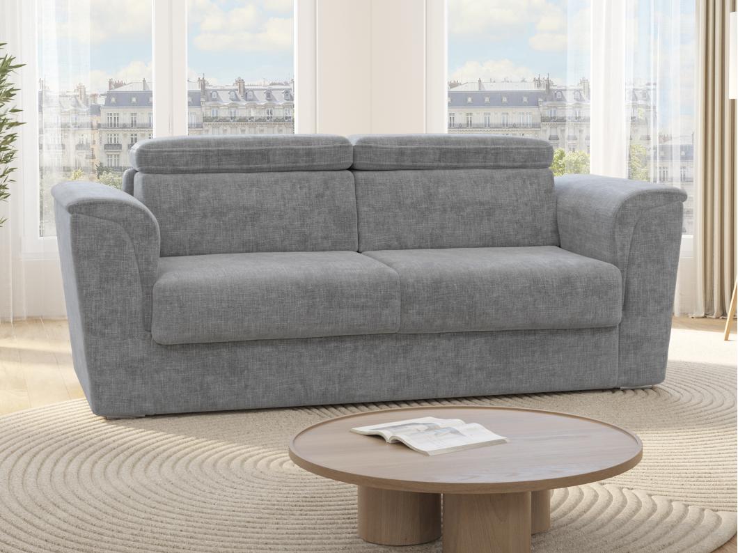 Canapé 4 places convertible express en tissu gris - Couchage lattes larges 160 cm - Matelas 22 cm RIZORA