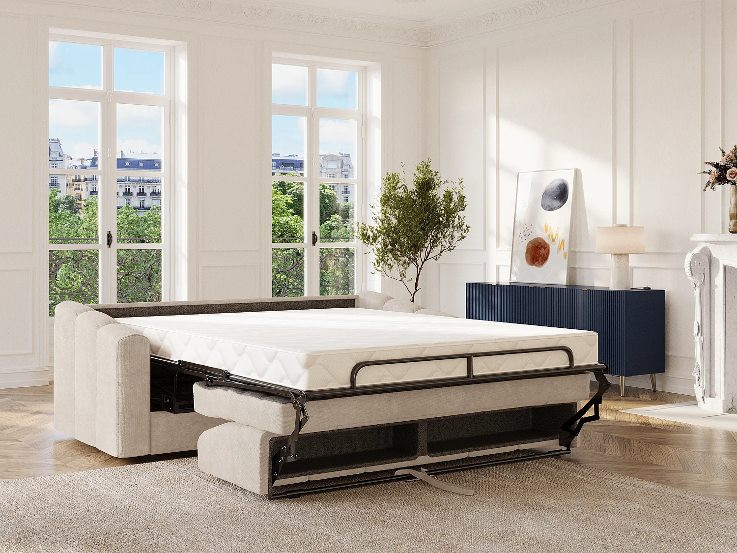 Canapé 3 places convertible express en tissu texturé beige - Couchage 140 cm - Matelas 22 cm avec mémoire de forme DARIELO