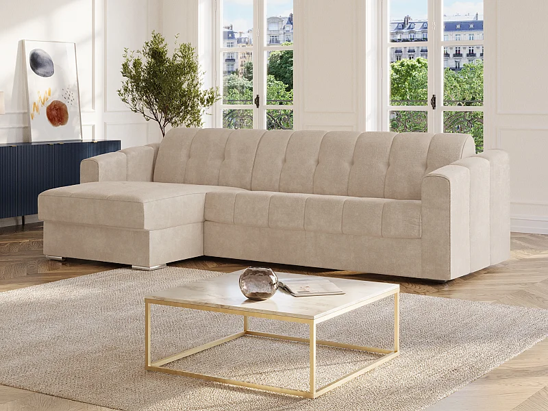 Canapé d'angle convertible et réversible express en tissu texturé beige - Couchage 140 cm - Matelas 14 cm DARIELO