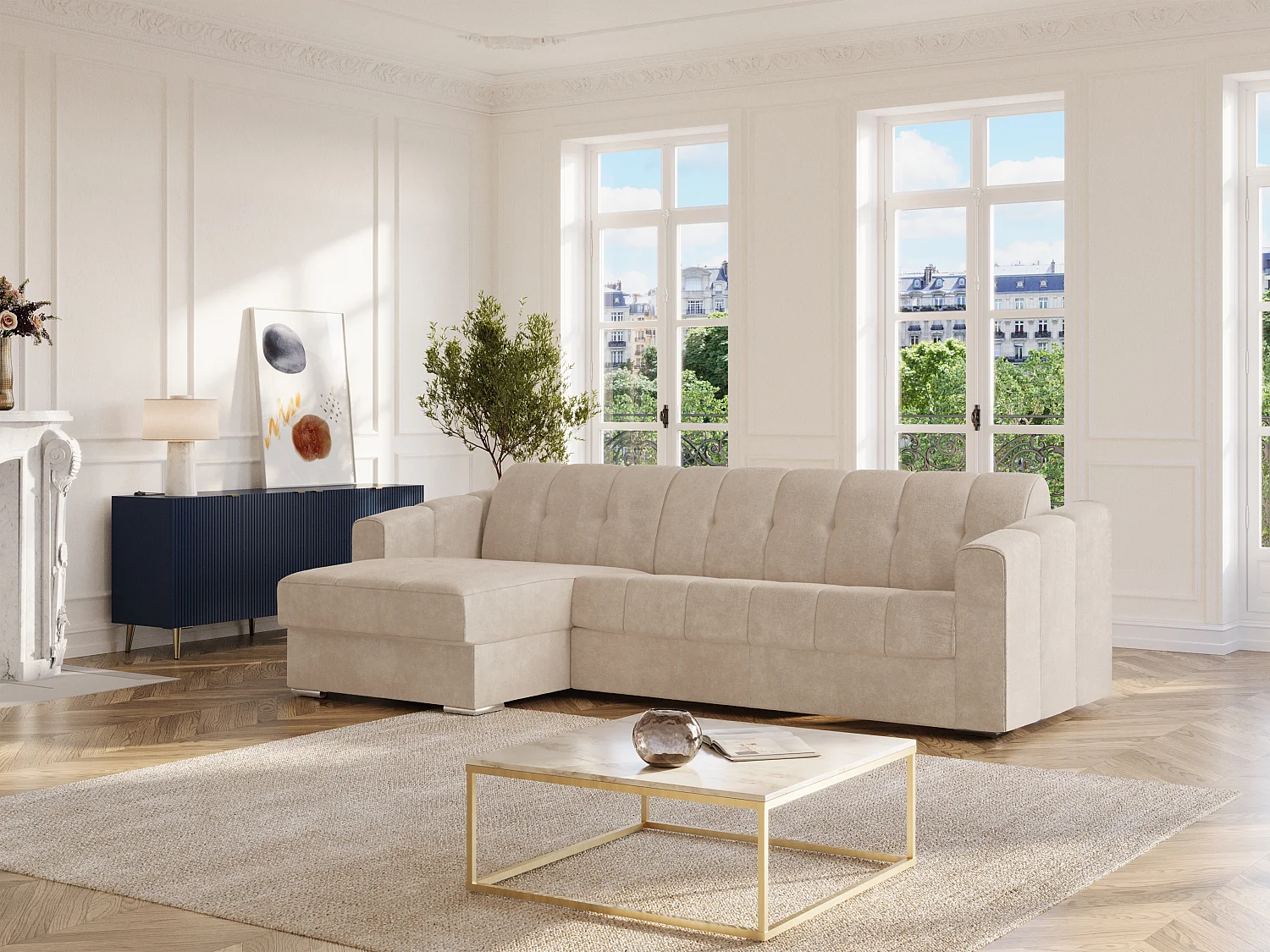 Canapé d'angle convertible et réversible express en tissu texturé beige - Couchage 140 cm - Matelas 14 cm DARIELO