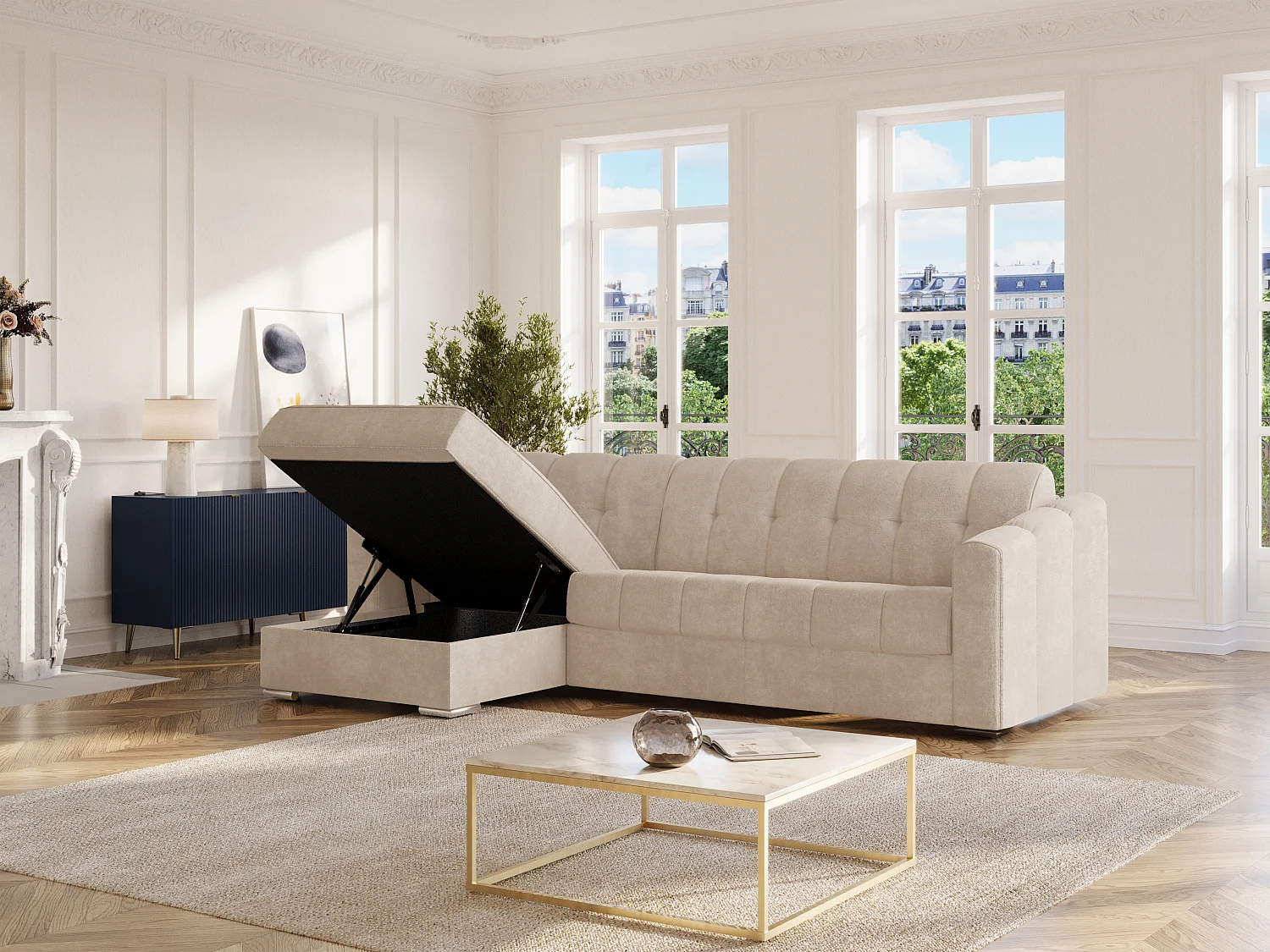 Canapé d'angle convertible et réversible express en tissu texturé beige - Couchage 140 cm - Matelas 14 cm DARIELO