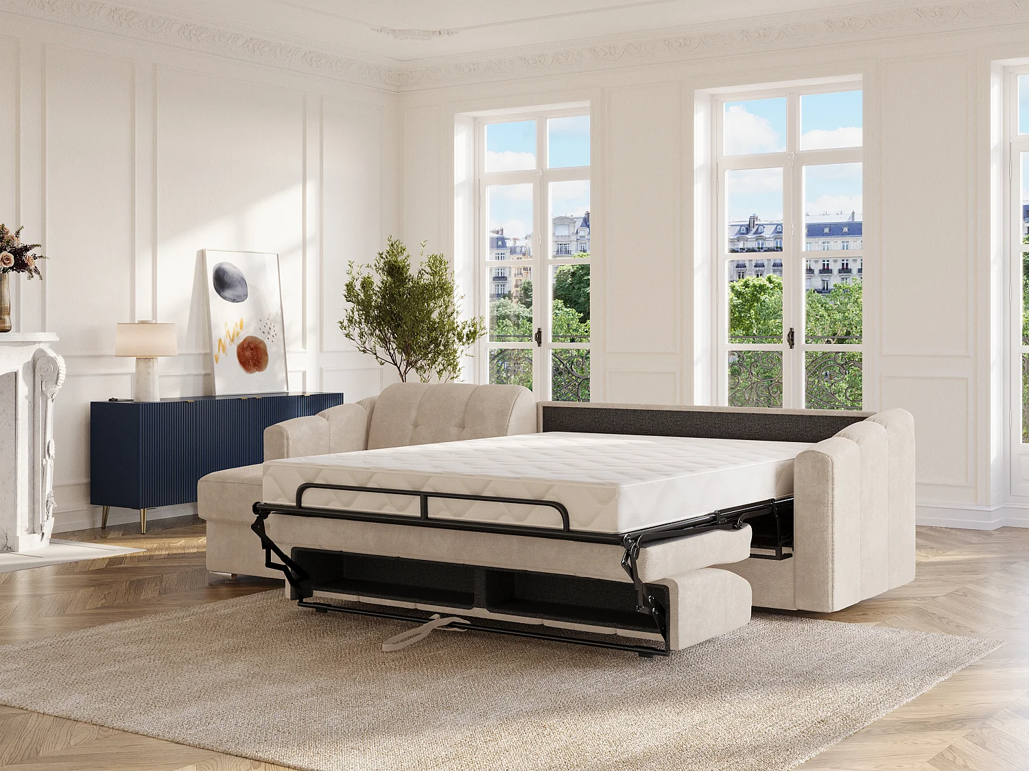Canapé d'angle convertible et réversible express en tissu texturé beige - Couchage 140 cm - Matelas 14 cm DARIELO
