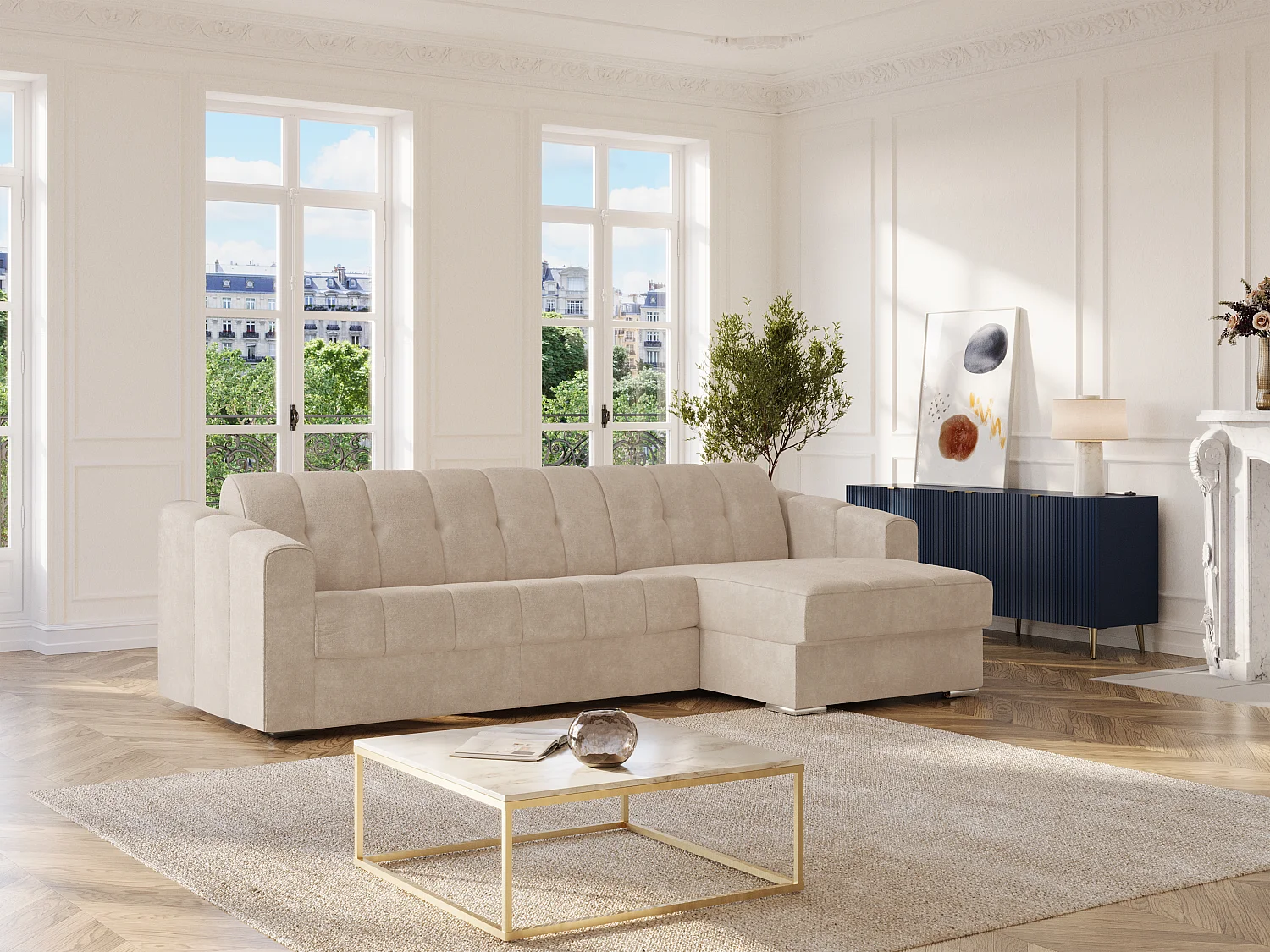 Canapé d'angle convertible et réversible express en tissu texturé beige - Couchage 140 cm - Matelas 22 cm avec mémoire de forme DARIELO