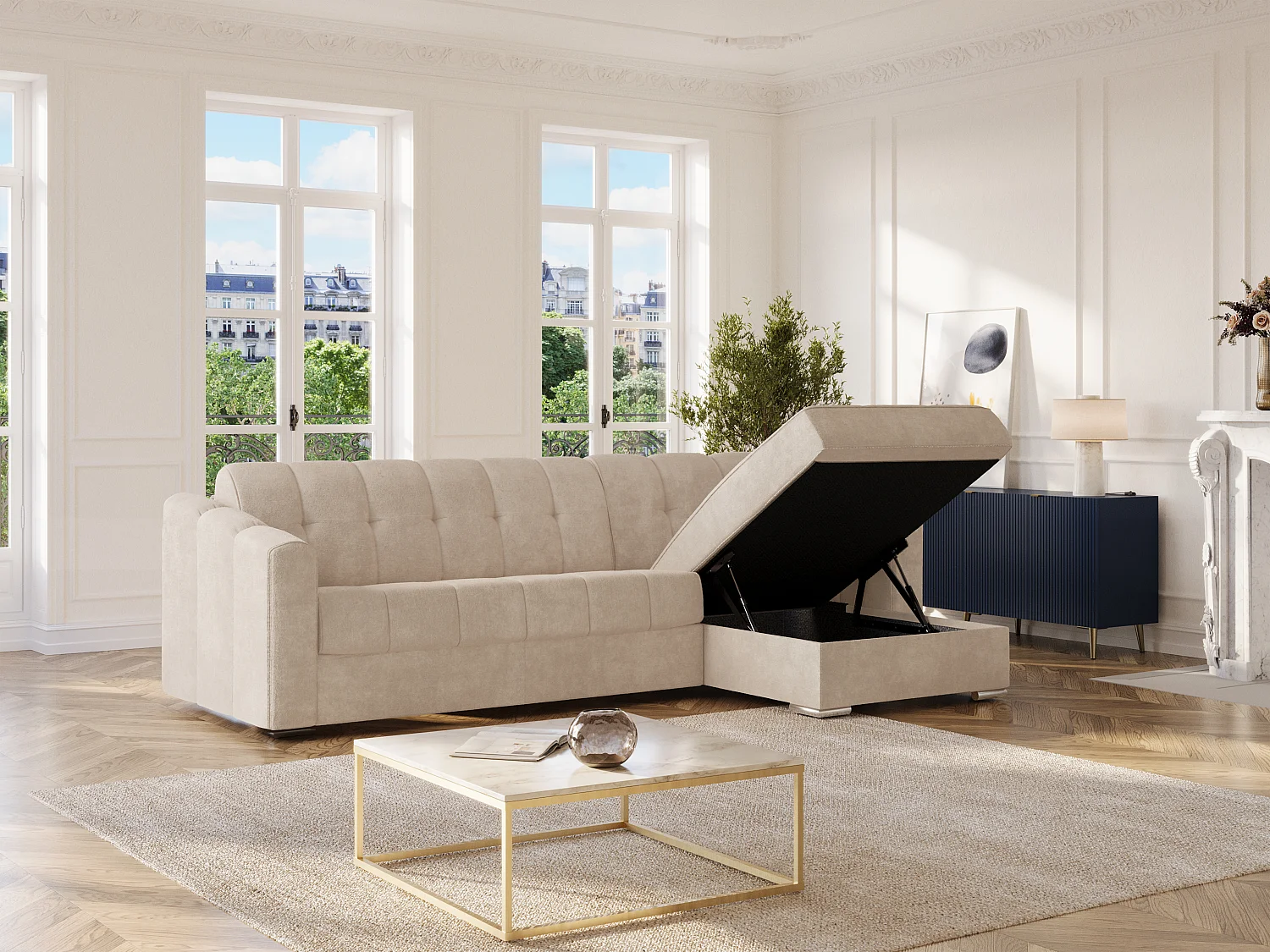 Canapé d'angle convertible et réversible express en tissu texturé beige - Couchage 140 cm - Matelas 22 cm avec mémoire de forme DARIELO