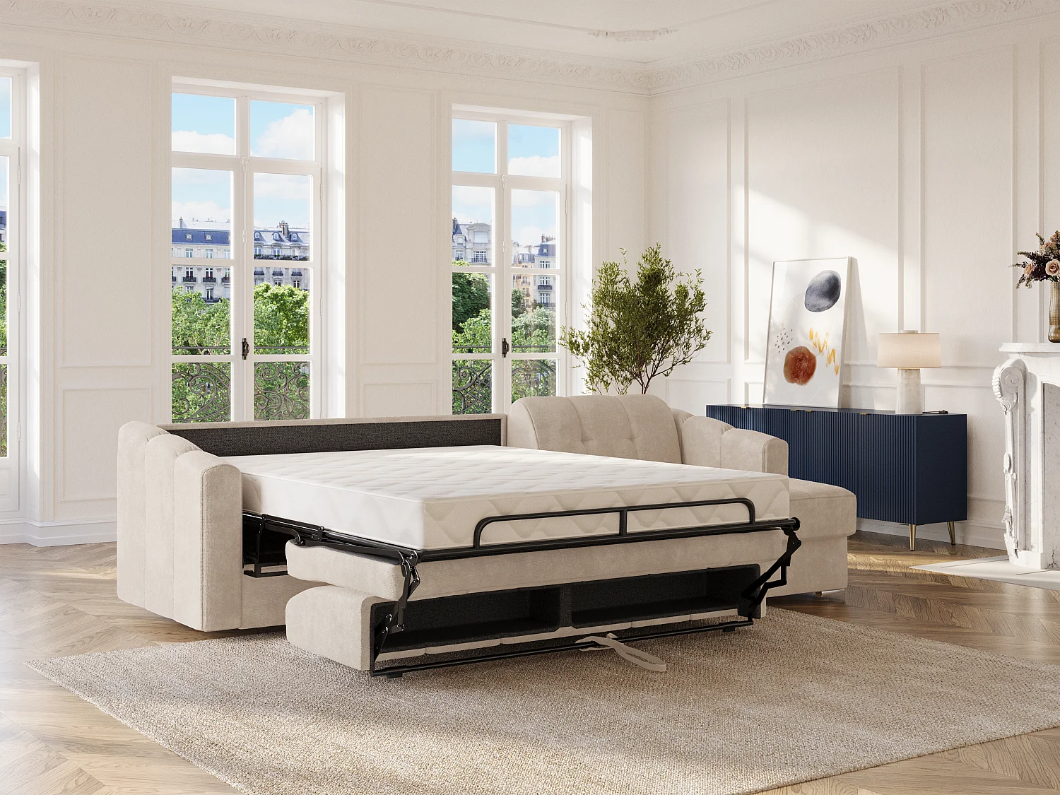 Canapé d'angle convertible et réversible express en tissu texturé beige - Couchage 140 cm - Matelas 22 cm avec mémoire de forme DARIELO