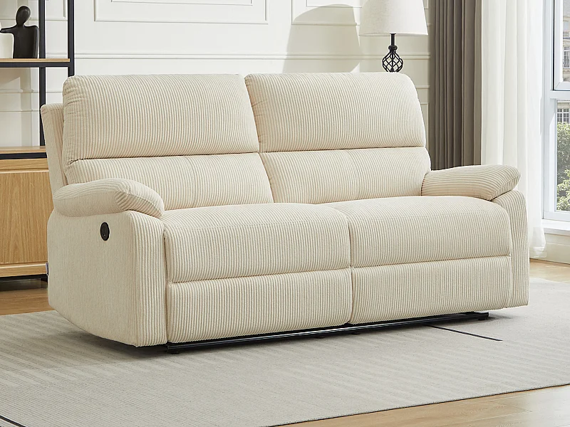 Elektrische relax-driezitsbank van beige ribfluweel LUNANO