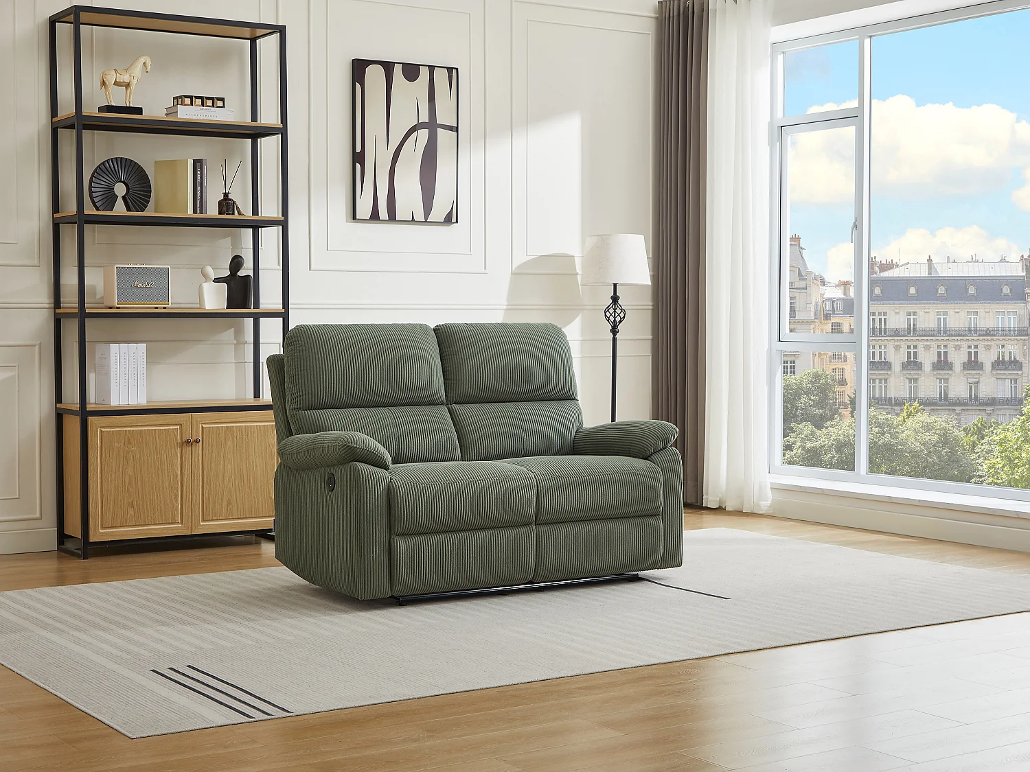 Canapé 2 places relax électrique en velours côtelé vert LUNANO