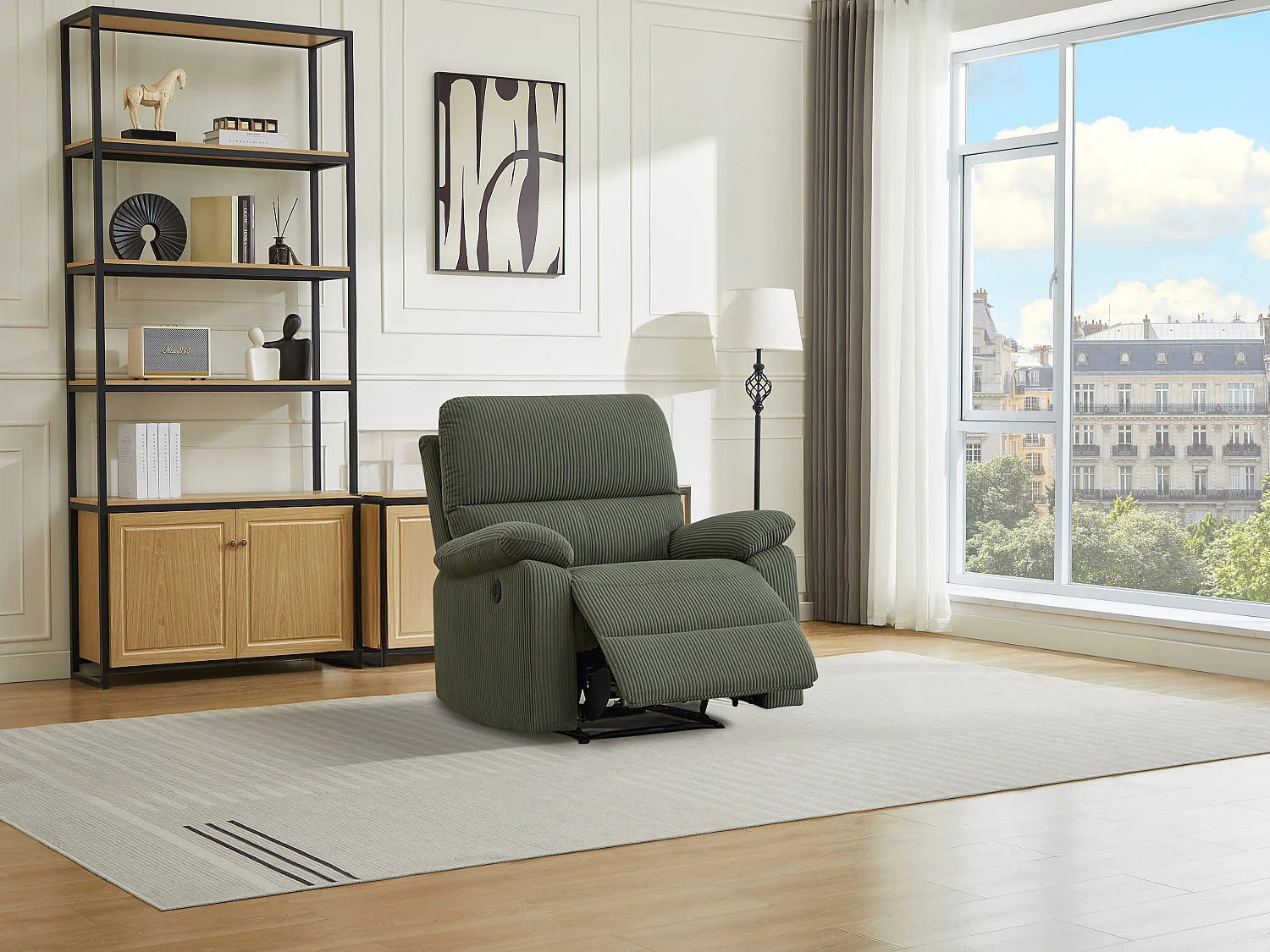 Fauteuil relax électrique en velours côtelé vert  LUNANO