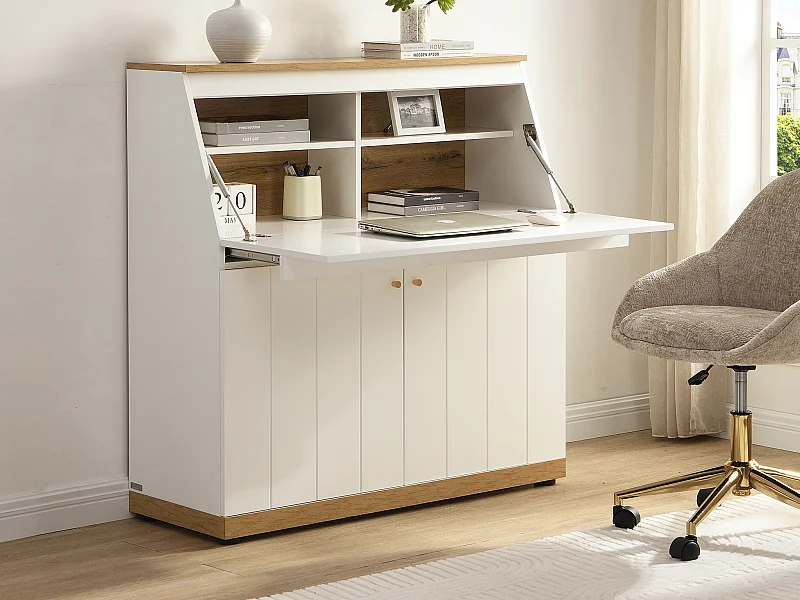 Secrétaire - MDF - Coloris : Blanc et naturel - DUTASI