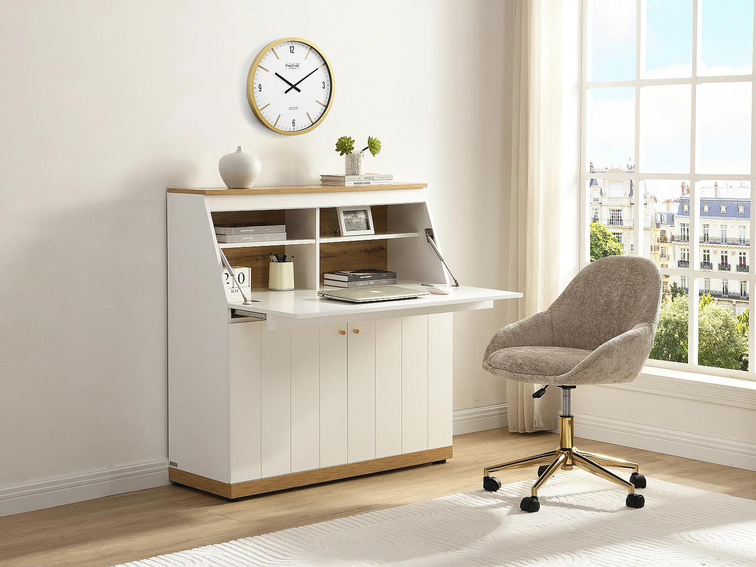 Secrétaire - MDF - Coloris : Blanc et naturel - DUTASI