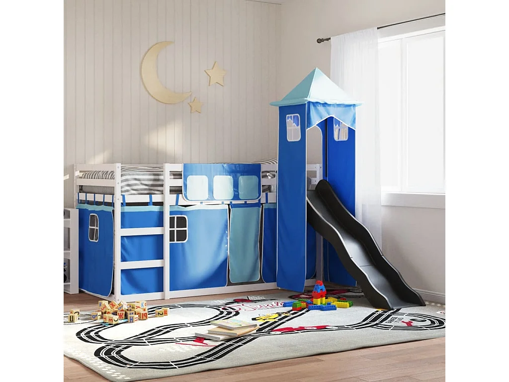 Letto a Castello con Scivolo e Tende Blu 90x200 cm