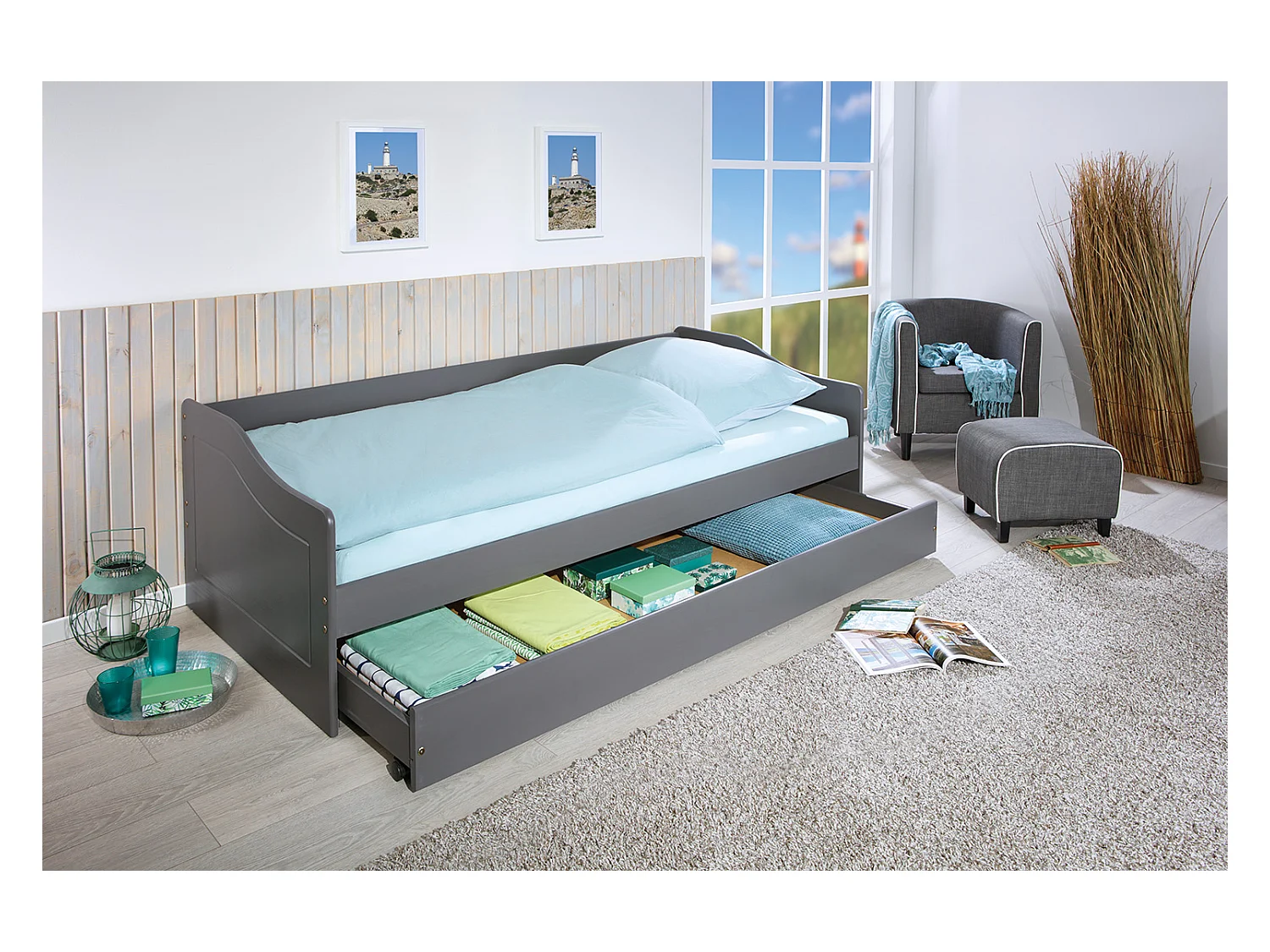 Malsu bed 90x200 cm met 1 uitschuifbed grijs.