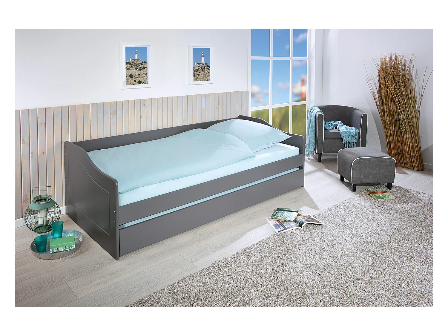 Malsu bed 90x200 cm met 1 uitschuifbed grijs.