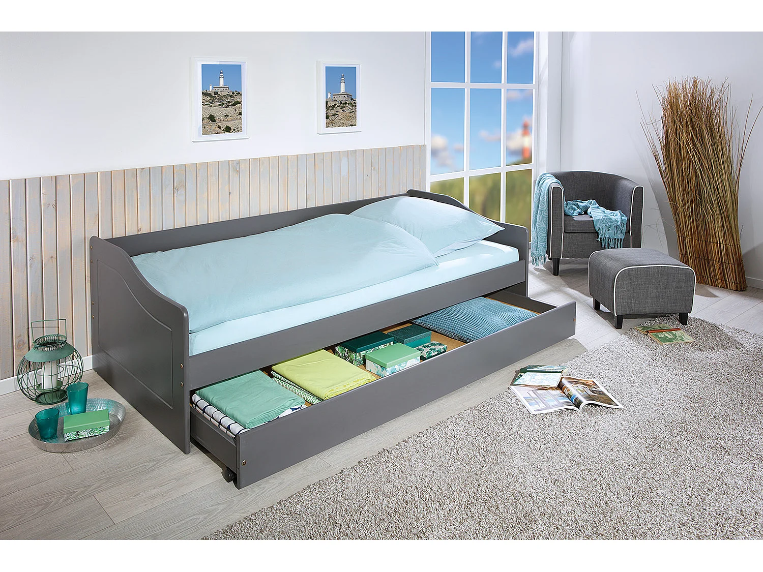 Malsu Lit 90x200 cm avec 1 lit gigogne, gris.